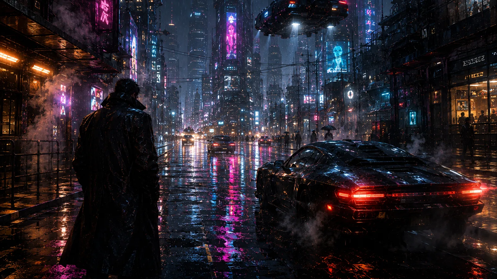 A rain-lit street in the world of Neon Echoes