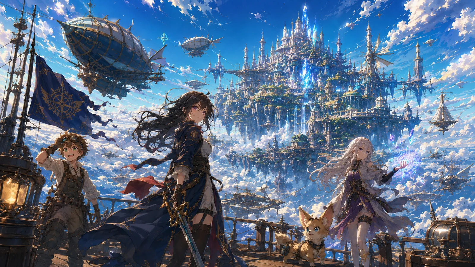A crowd gathered beneath the airships of Skybound Requiem
