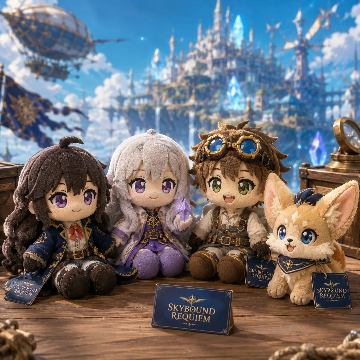 Four character plushies with their tags