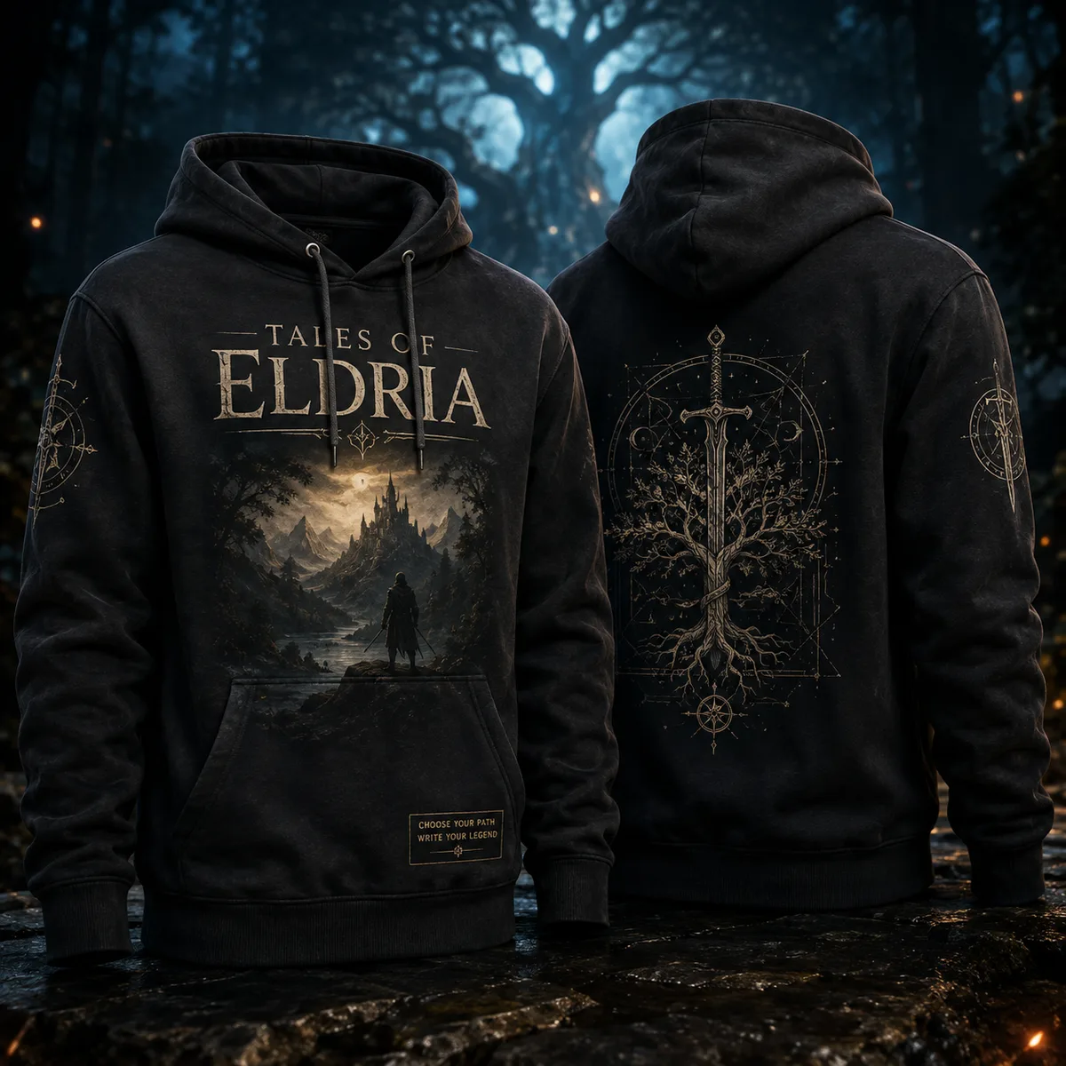 A printed hoodie, front and back